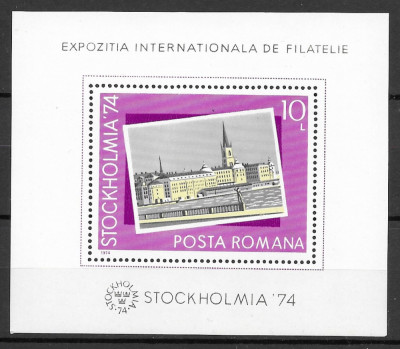 Romania 1974 - Expozitia de Filatelie Stockholmiia, colita dantelata, MNH, LP860 foto