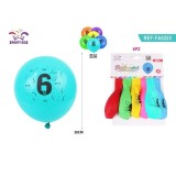 Set 6 Baloane aniversare PartyGo cifra 6, 30cm, imprimate, diverse culori