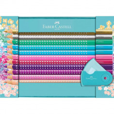 Set Cadou 20 Creioane Colorate Sparkle si Ascutitoare Sleeve Faber-Castell, Diverse Culori, Creioane Colorate Set, Creioane Colorate Faber-Castell, Se