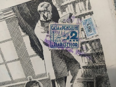 Timbre fiscale Casa de Pensiuni a Ziariștilor 2 lei, Casa Scriitorilor 4 noiembrie 1943-4 februarie 1944, supratipar 1.000 lei, pe Studio 1946, 242 foto