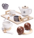 Set de ceai din lemn pentru copii, Montessori, joc de rol, accesorii incluse, crem cu maro