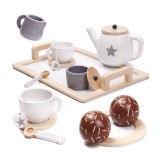Set de ceai din lemn pentru copii, Montessori, joc de rol, accesorii incluse, crem cu maro