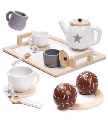 Set de ceai din lemn pentru copii, Montessori, joc de rol, accesorii incluse, crem cu maro foto