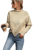 Tricou lung pentru femei cu guler &icirc;nalt, tricouri de modă grele cu franjuri, pulover cu m&acirc;neci lungi