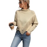 Tricou lung pentru femei cu guler &icirc;nalt, tricouri de modă grele cu franjuri, pulover cu m&acirc;neci lungi