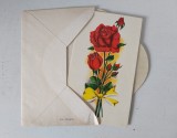 Felicitare veche anii 70 (1979), cu trandafir cu sclipici, si plicul original, nescrisa, necirculata