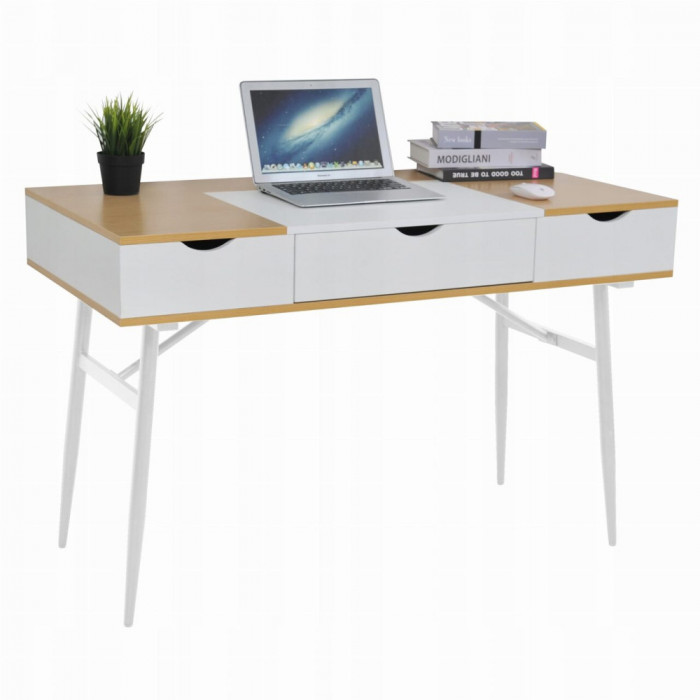 Birou calculator, Jumi, placa MDF, otel, cu sertar, compartimente interioare, alb si natur, 120x60x77 cm