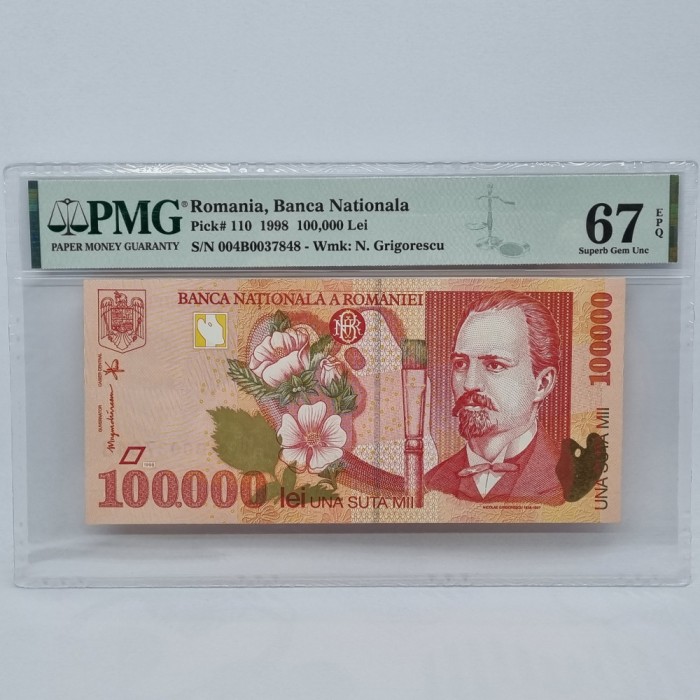 BANCNOTA UNC 100000 LEI 1998 GRADATA PMG 67 EPQ