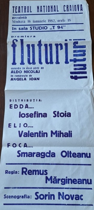 Afiș teatru &bdquo;Fluturi, fluturi&rdquo; &ndash; Teatrul Național Craiova, premieră 1982 &ndash; 35&times;85 cm