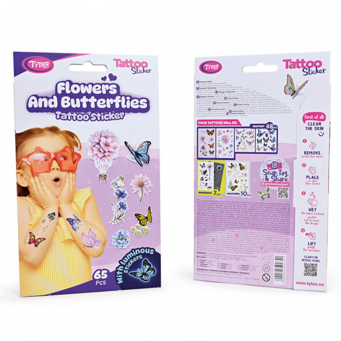 Set autocolante pentru tatuaje: fluturi și flori - 65 buc/pachet