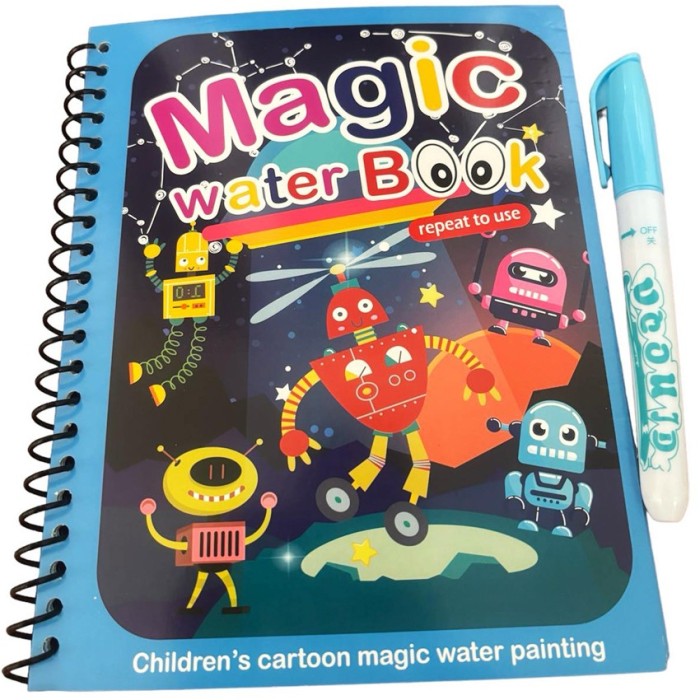 Carte de colorat cu apa tip Magic Book in limba engreza, Linomag&reg;, Roboti in spatiu, Reutilizabila, Pentru fete si baieti de peste 3 ani