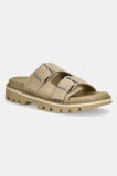 Tommy Jeans papuci din piele DOUBLE STRAP SANDAL SUEDE femei, culoarea bej, cu platforma, EN0EN02797