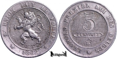 1862, 5 Centimes - Leopold I - Regatul Belgiei foto