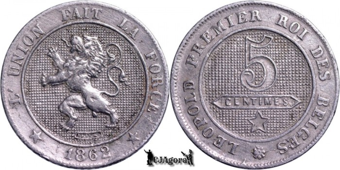 1862, 5 Centimes - Leopold I - Regatul Belgiei