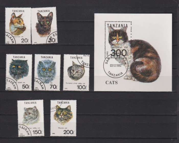 TANZANIA 1992 PISICI MI. 1405-1411+BL. 201 STAMPILAT
