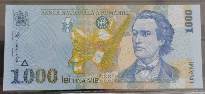 Romania, bancnota 1000 lei 1998, Mihai Eminescu, UNC, filigran mare