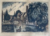 Tablou / lucrare veche, gravură policromă, acvaforte, Peisaj urban din Bruges / Belgia, semnatura indescifrabilă, 39x29 / 18x12, cu rama si sticla