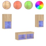 Cumpara ieftin Comode TV de perete cu lumini LED, 4 piese, stejar sonoma
