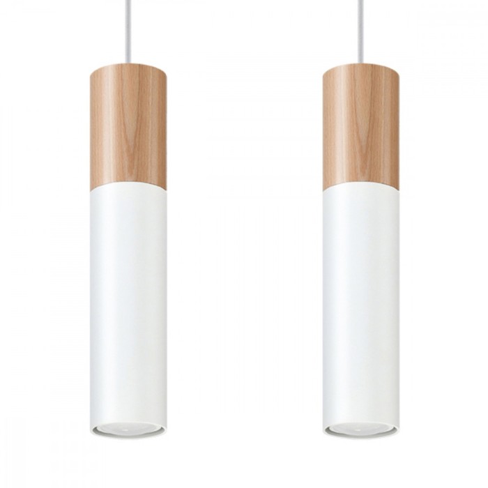 Lampă Suspendată Pablo Lemn Natural/Alb Oțel/Lemn 2 Becuri Tub Modern De Interior