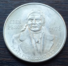 (A492) MONEDA DIN ARGINT MEXIC - 100 PESOS 1978, 27,72 GRAME, PURITATE 720