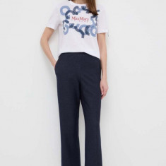 Max Mara Leisure pantaloni femei, culoarea bleumarin, lat, high waist, 2416781108600 2416780000000