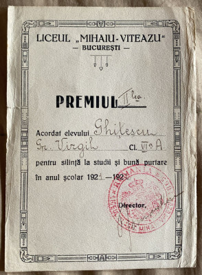 LICEUL,,MIHAIU-VITEAZU&amp;quot;BUCURESTI PREMIUL II, ANUL SCOLAR 1921-1922 foto