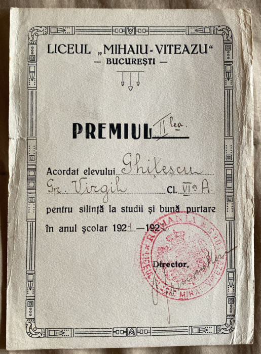 LICEUL,,MIHAIU-VITEAZU&quot;BUCURESTI PREMIUL II, ANUL SCOLAR 1921-1922