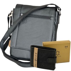 Set Cadou pentru Barbati Portofel+ Borseta: Hunter Line, Piele naturala