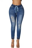 G681-444 Pantaloni din denim cu talie pe elastic si taieturi