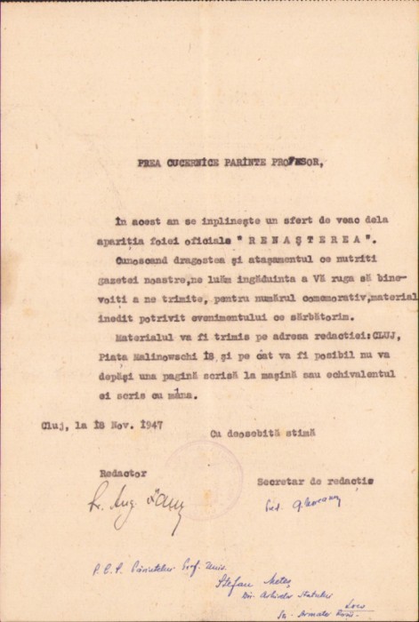 HST A2576N Semnătura olografă preot Augustin Faur, 1947, Cluj, act Meteș