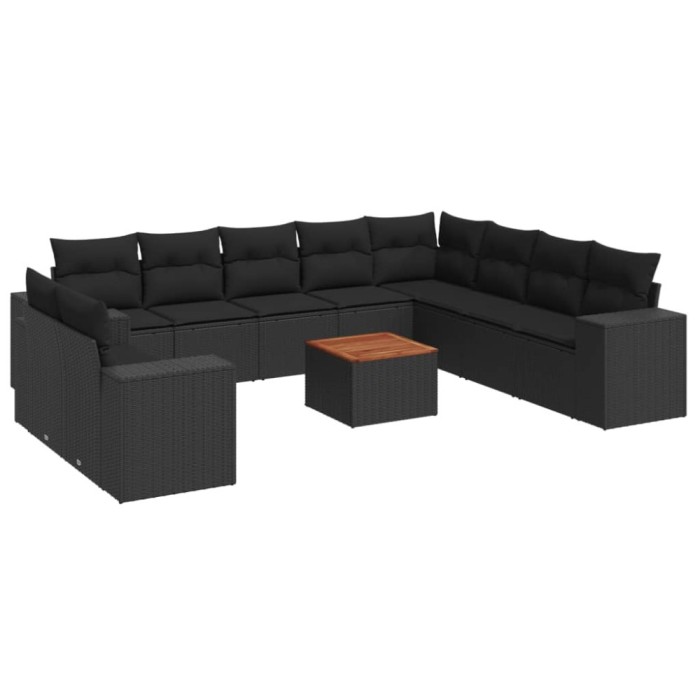 Set canapele de gradina cu perne, 11 piese, negru, poliratan