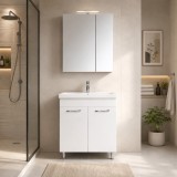 Set mobilier baie cu lavoar ceramic, GN0541, front MDF, 2 sertare, 60 cm, picioare cromate reglabile si dulap cu oglinda Celine, PAL, iluminare LED, a