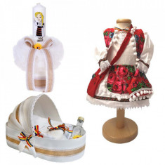 Set botez traditional fetita, trusou botez landou, lumanare si costum