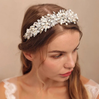 Coronita mireasa argintie, stil bentita, cu perle si frunze, Blanca foto