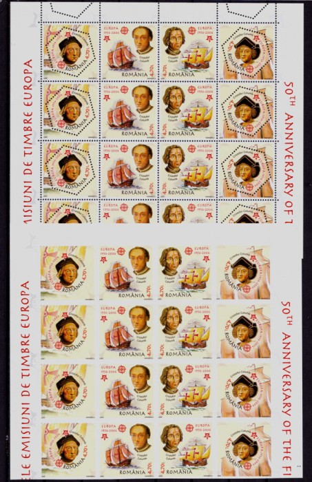 ✅RO 2005 LP 1691+a &quot;50 ani Europa- Cristofor Columb&quot;,bloc 4 dant.+nedant , MNH
