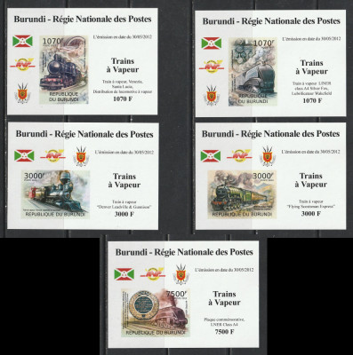 Burundi 2012 - Locomotive cu Abur NEDANTELATE Deluxe S/S 5v MNH foto