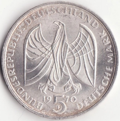 Moneda Germania - 5 Deutsche Mark 1970 - Ludwig van Beethoven - F - Argint foto