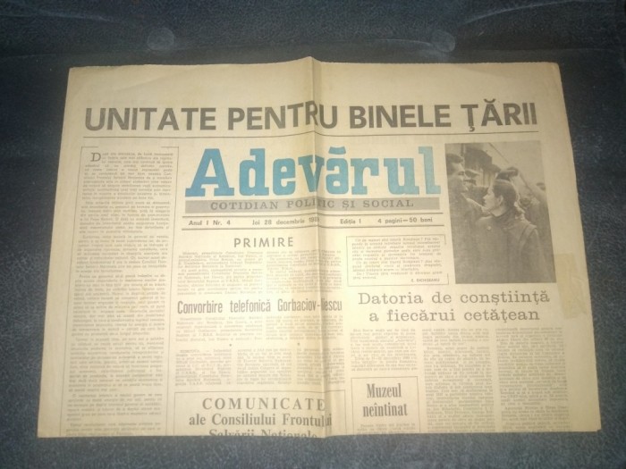 ZIARUL ADEVARUL 28 DECEMBRIE 1989 CONVORBIRE TELEFONICA GORBACIOV ILIESCU