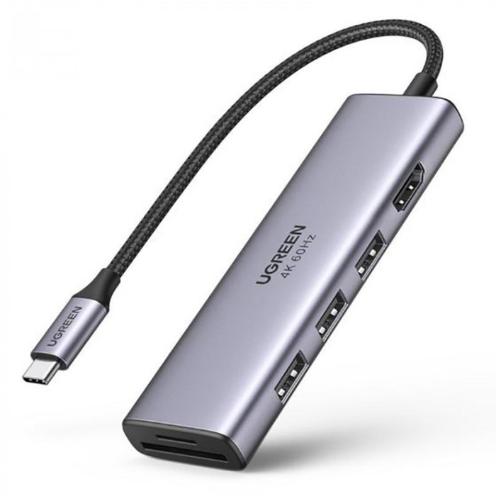 HUB Multifuncțional Ugreen USB Tip C - 3x USB 3.2 Gen 1 / HDMI 4K 60Hz / Cititor De Carduri SD și TF Gri (60383 CM511)