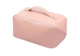 Geantă cosmetice, 3 compartimente, piele ecologică, roz, 10.5x25x10 cm, Oem