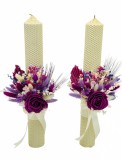 Set lumanari personalizabile, colorate, pentru nunta sau botez cu aranjament frontal cu trandafir din foita de sapun si plante naturale uscate, 40 cm, Eventissimi&reg;