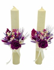 Set lumanari personalizabile, colorate, pentru nunta sau botez cu aranjament frontal cu trandafir din foita de sapun si plante naturale uscate, 40 cm