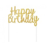 Topper pentru tort model Happy Birthday auriu 11x14 cm