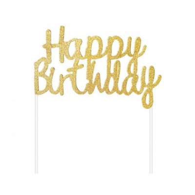 Topper pentru tort model Happy Birthday auriu 11x14 cm foto