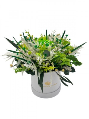 Aranjament floral in cutie, personalizabil cu licheni, trandafir si plante naturale criogenate si stabilizate (Verde) foto