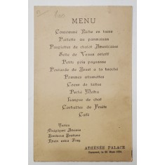RESTAURANT ATHENEE PALACE , BUCURESTI , MENIUL ZILEI DE 23 MARTIE , 1924 , TEXT IN LB. FRANCEZ