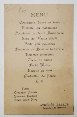 RESTAURANT ATHENEE PALACE , BUCURESTI , MENIUL ZILEI DE 23 MARTIE , 1924 , TEXT IN LB. FRANCEZ foto