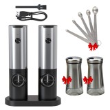 Set 2 r&acirc;șnițe electrice sare și piper GDTLINE&reg;, USB-C, 70 ml, inox, stand &icirc;ncărcare, LED, gri-negru, 2 dozatoare condimente, 5 lingurite dozare