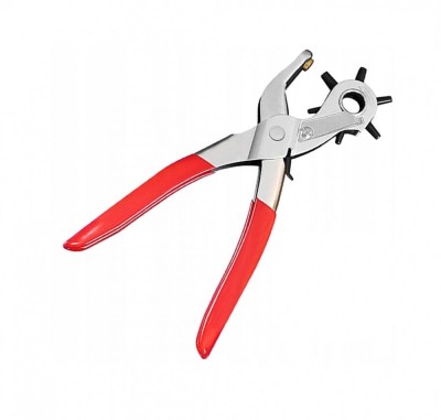Cleste perforator pivotant pentru gaurit curele, tip preducea, 22 cm, varfuri intarite, 2.5-5 mm, rosu/argintiu foto