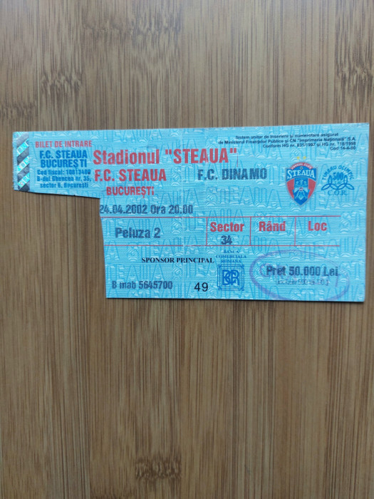 Bilet meci F.C.Steaua -Dinamo Cupa Romaniei semifinale 24-04-2002
